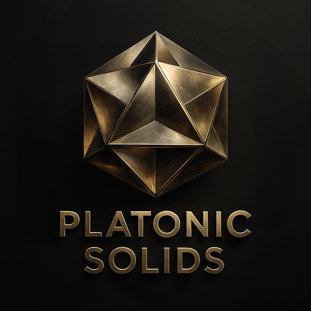 Platonic Solids golden geometric emblem and wordmark